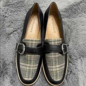 Bernardo Octavia Check and Leather Buckle Loafer Flats